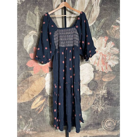 New Free People Dahlia Embroidered Maxi Dress Floral Puff Sleeves $168 sz Medium - Picture 5 of 5